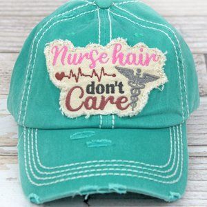 DISTRESSED TURQUOISE 'NURSE HAIR DON'T CARE' CAP